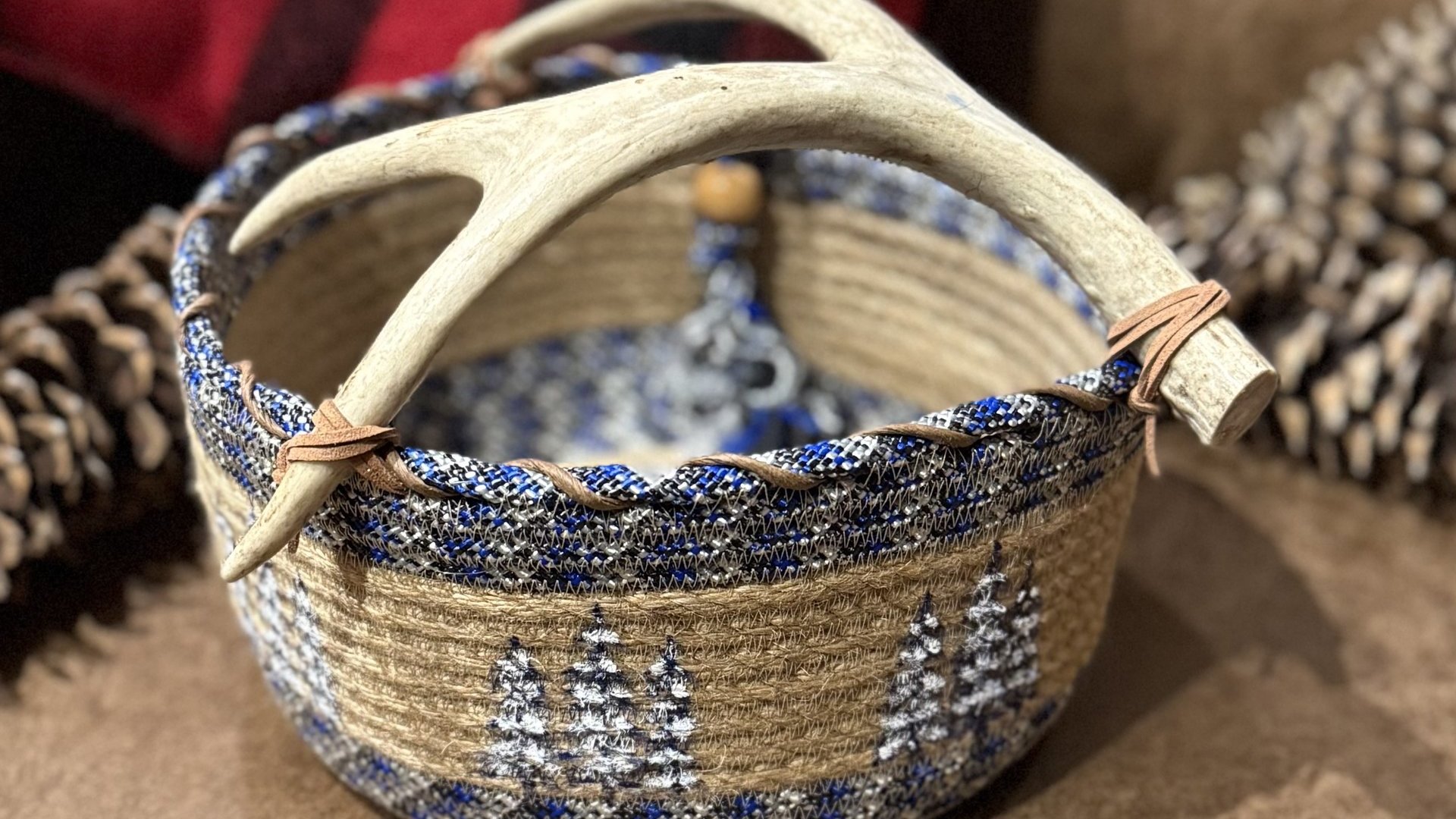 Antler Basket With Snowy Blue Trees