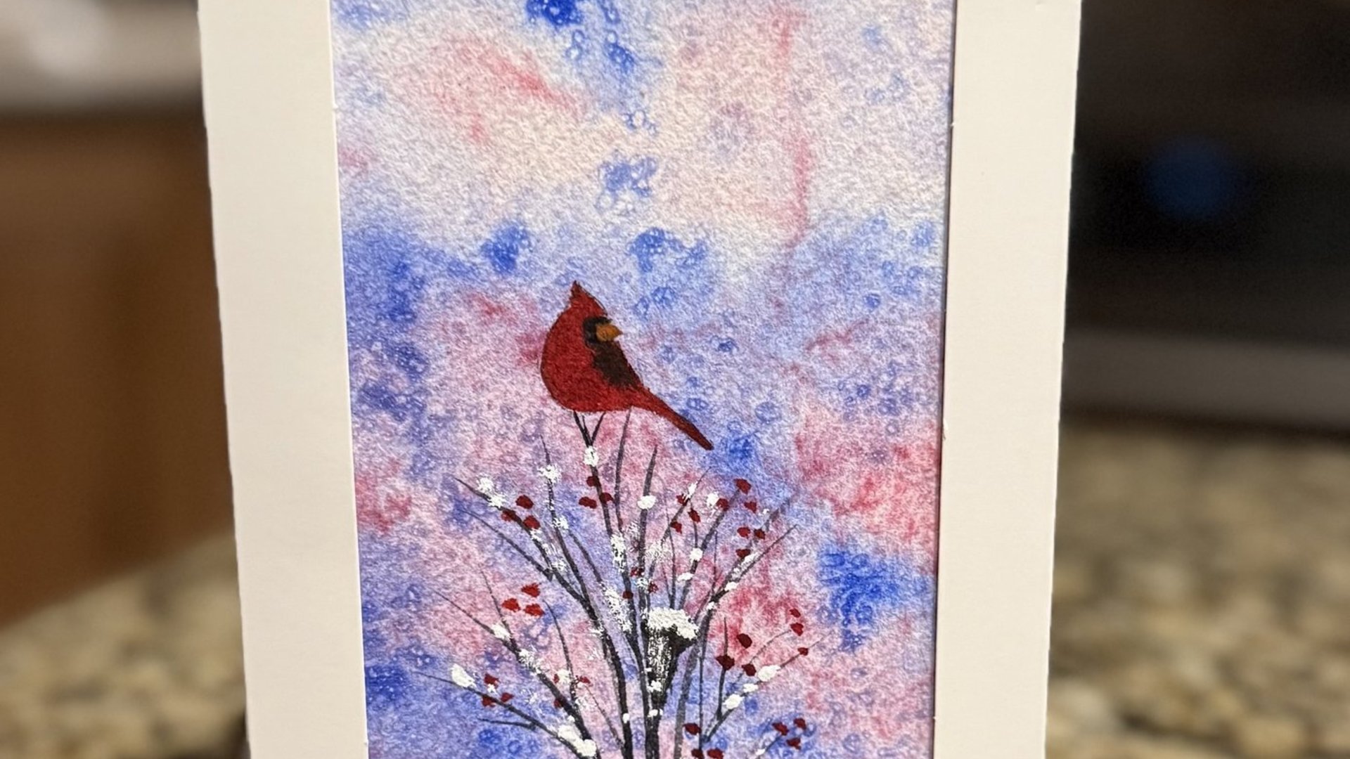Cardinal in the Bush Watercolor Card~Original