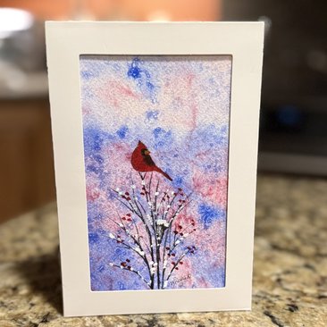 Cardinal in the Bush Watercolor Card~Original